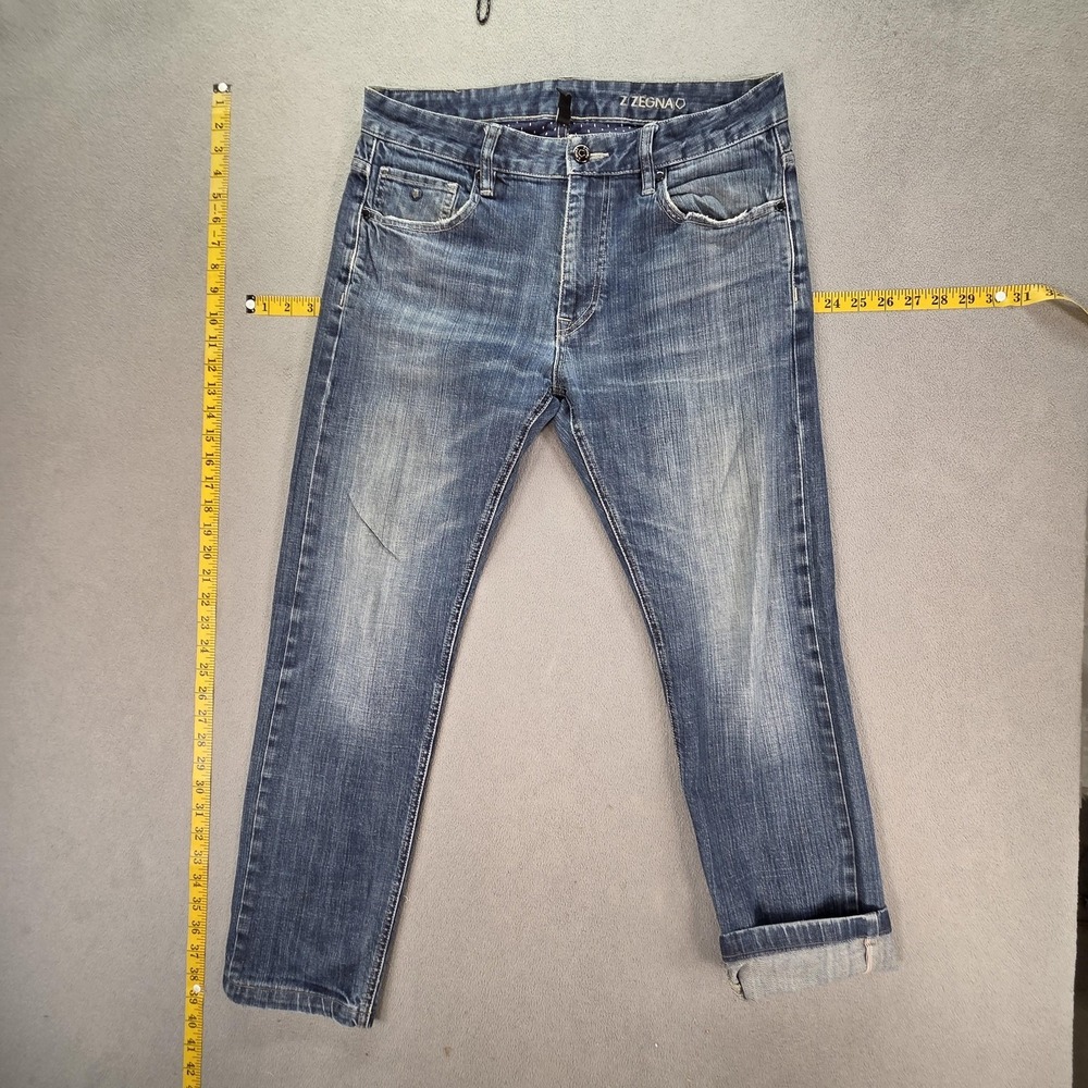 Zegna Jeans‎ Mens Blue Selvedge Narrow Tapered Med Wash Altered Hem Fits 32x26